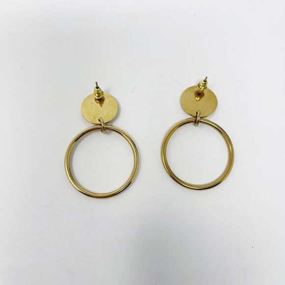 Gold Tone Dangle Hoop Earring Post Stud Backing Circle Fashion Statement - Picture 4 of 4
